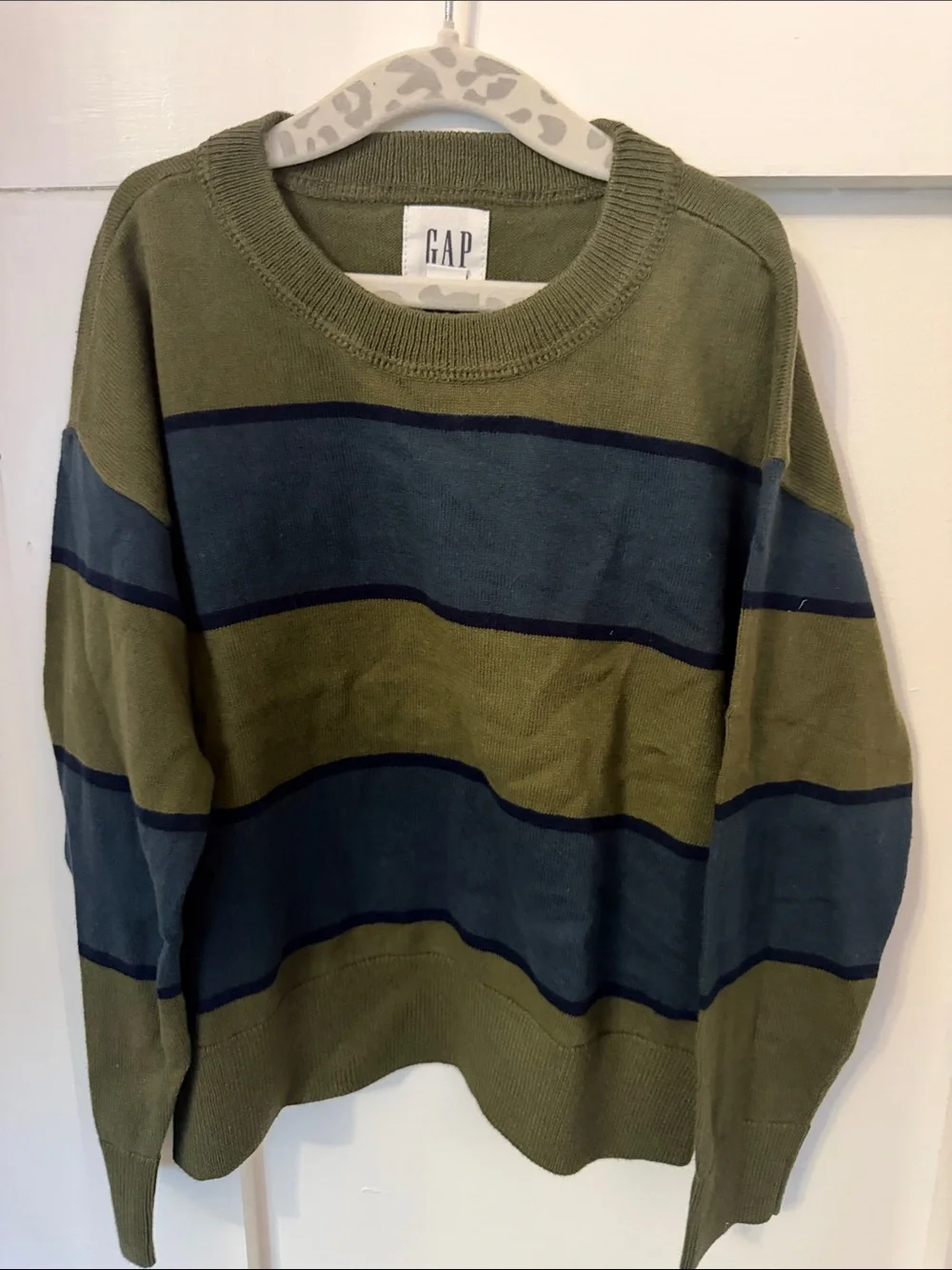 GAP Olive Green & Navy Wide-Stripe Crewneck Sweater (#2)